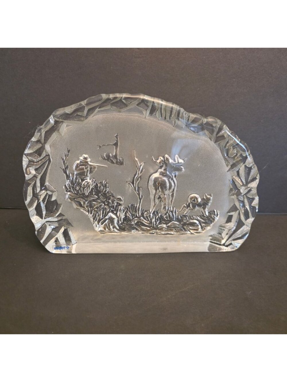 Nybro Sweden Crystal Wildlife Scene With Hunter Moose & Dog 6" X 4" Frosted